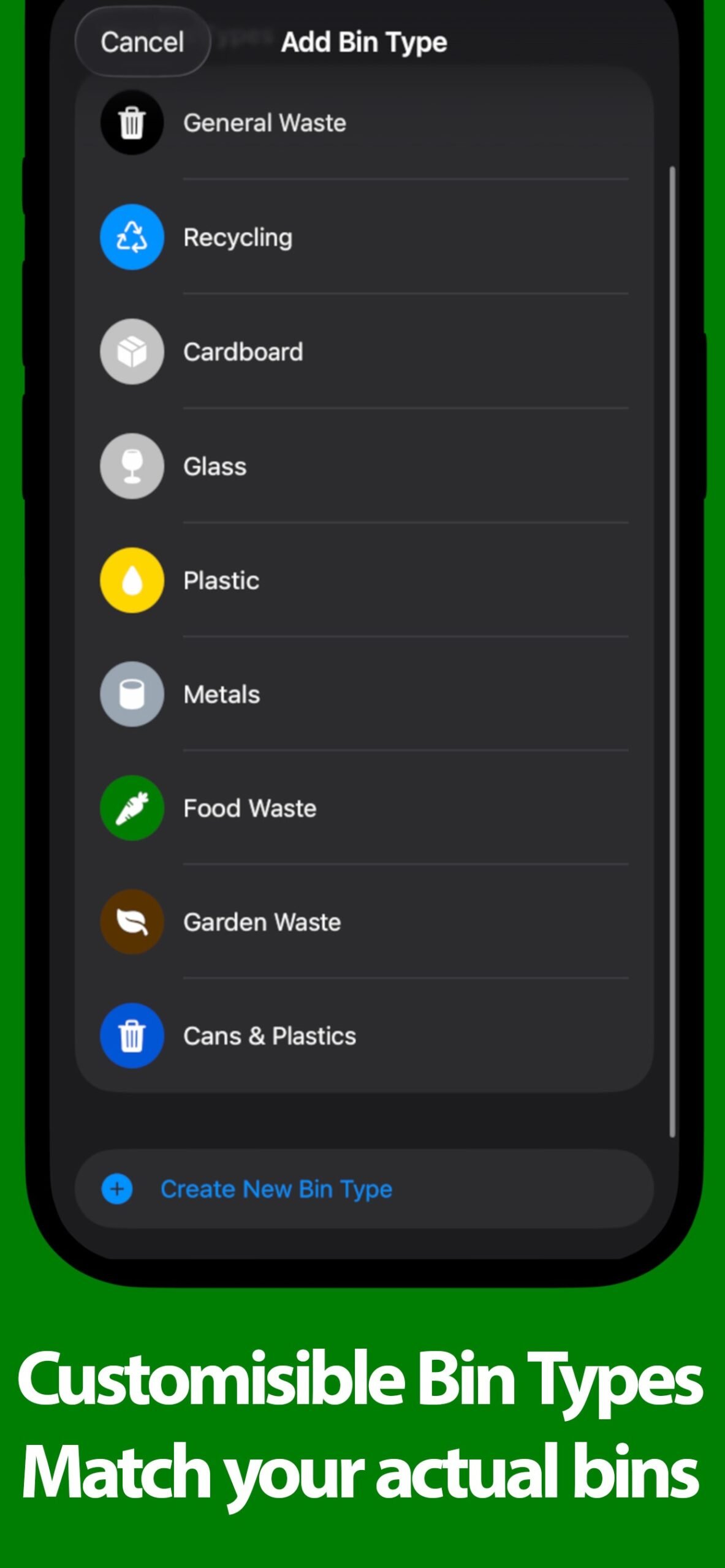 Customisable bin types