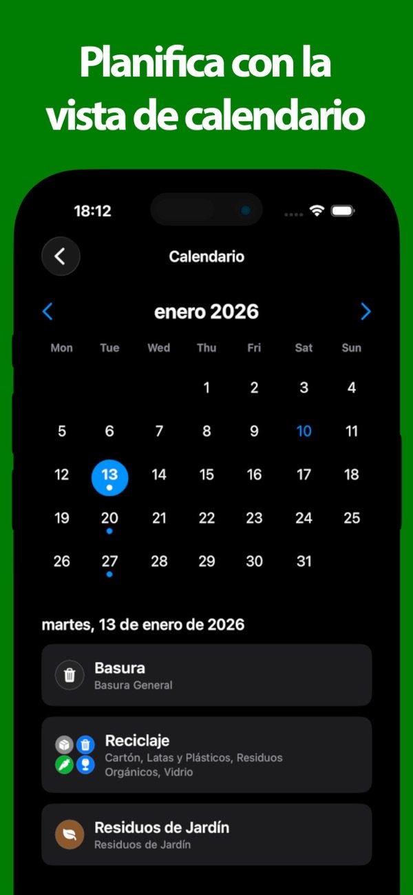 Vista de calendario de las próximas recogidas