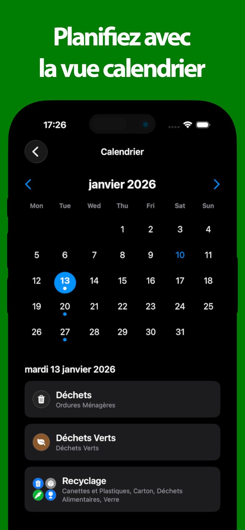 Vue calendrier des prochaines collectes