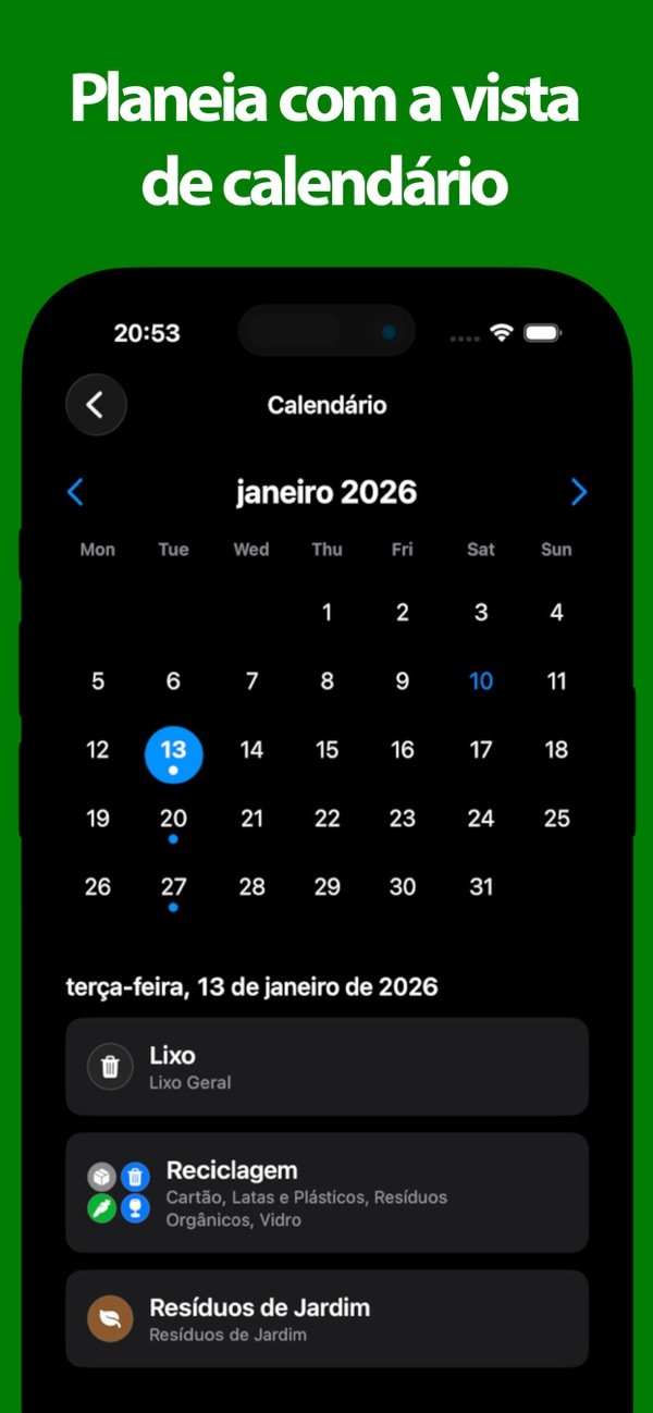 Vista de calendário das próximas recolhas