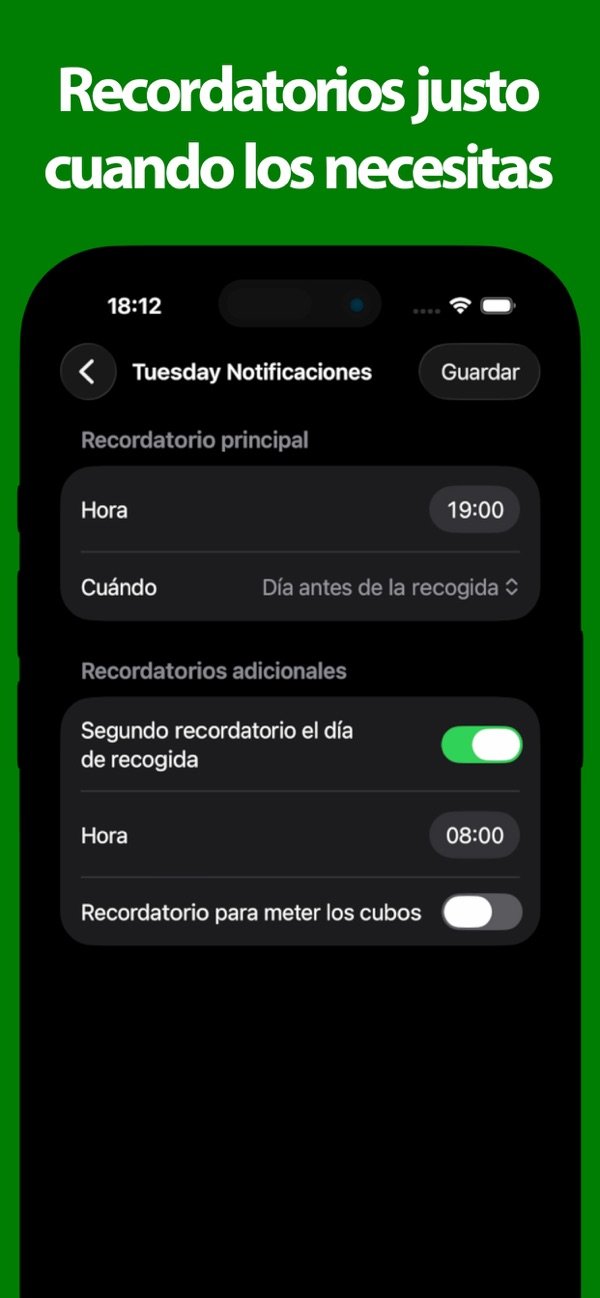 Ajustes de recordatorio la noche antes y la mañana de la recogida