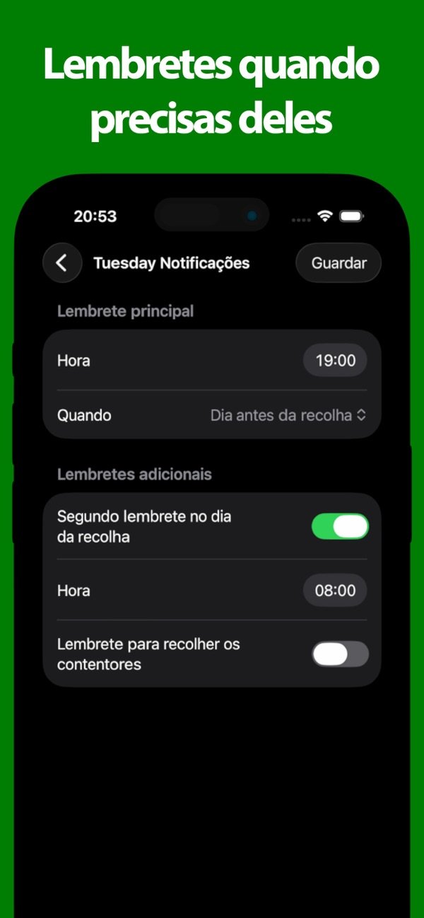 Definições de lembrete para a véspera e a manhã da recolha