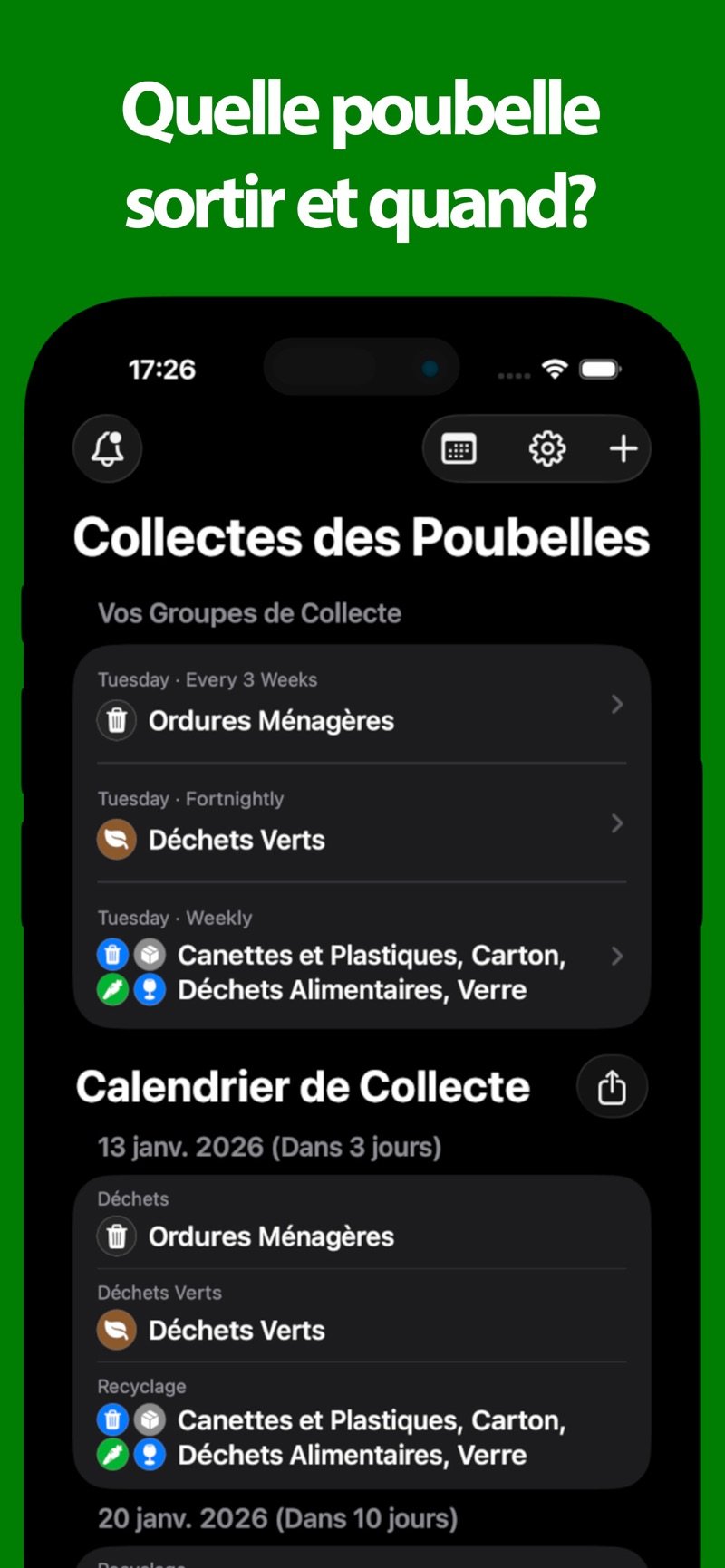 Calendrier de collecte montrant quelles poubelles sortir et quand