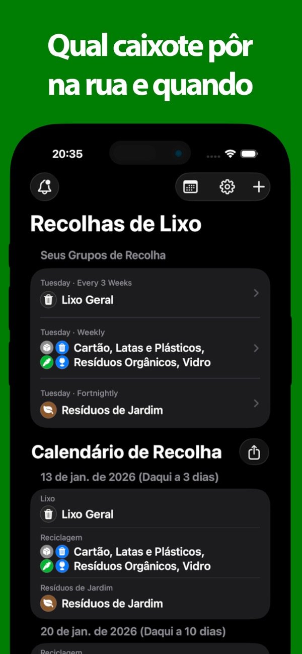 Calendário de recolha mostrando que contentores saem e quando
