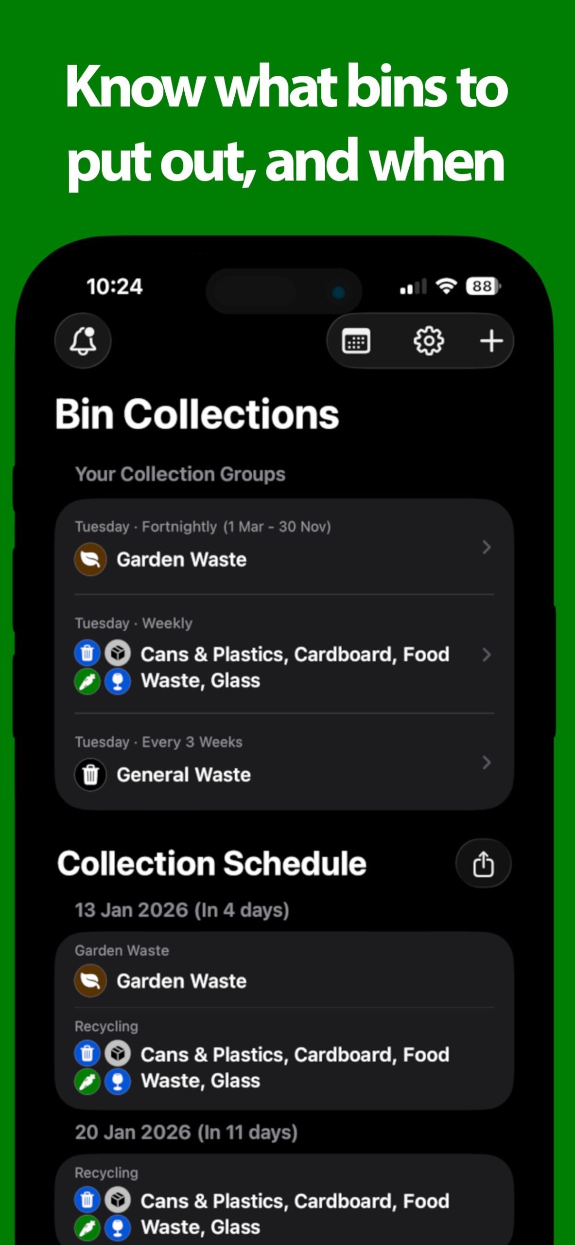 Bin collection schedule showing which bins go out and when