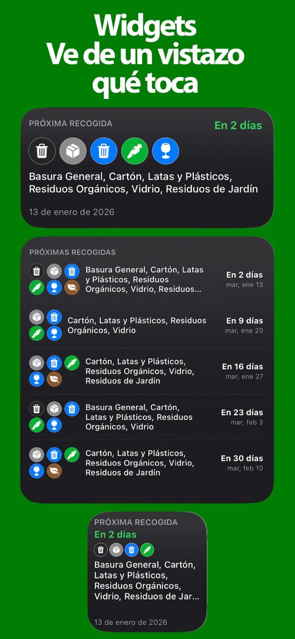 Widgets y Apple Watch mostrando la próxima recogida