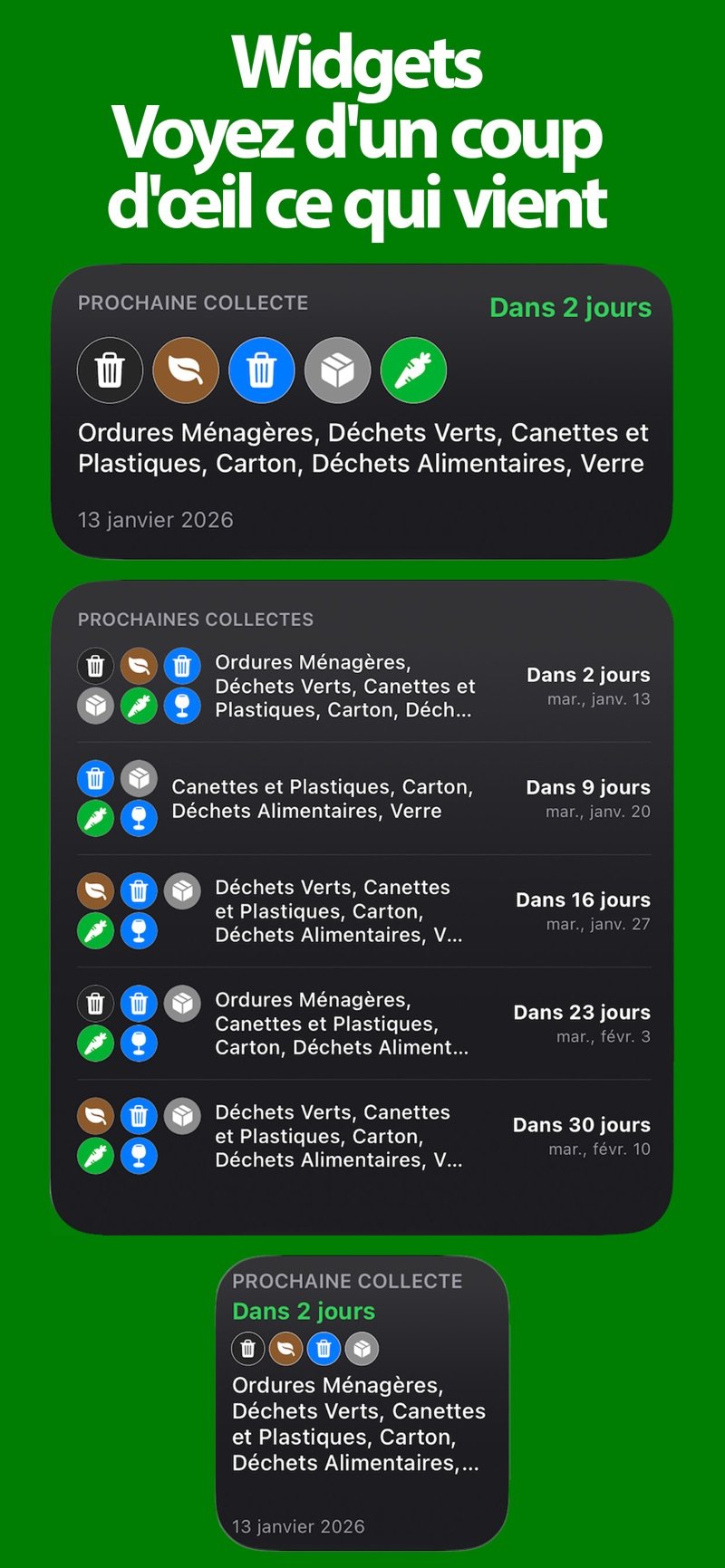 Widgets et Apple Watch affichant la prochaine collecte