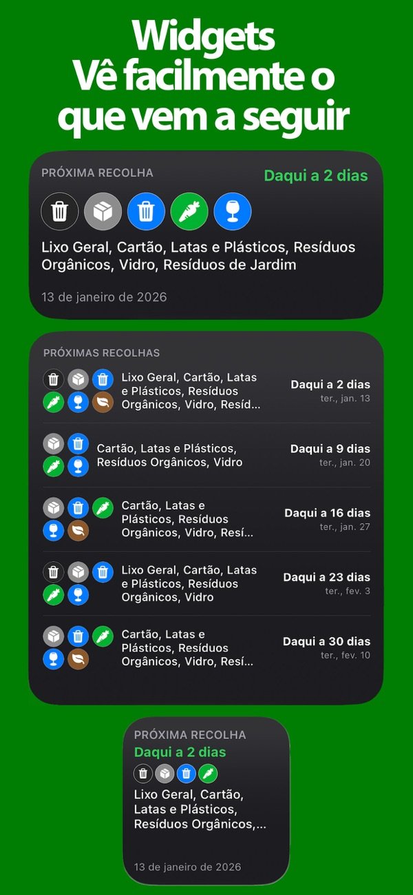 Widgets e Apple Watch mostrando a próxima recolha