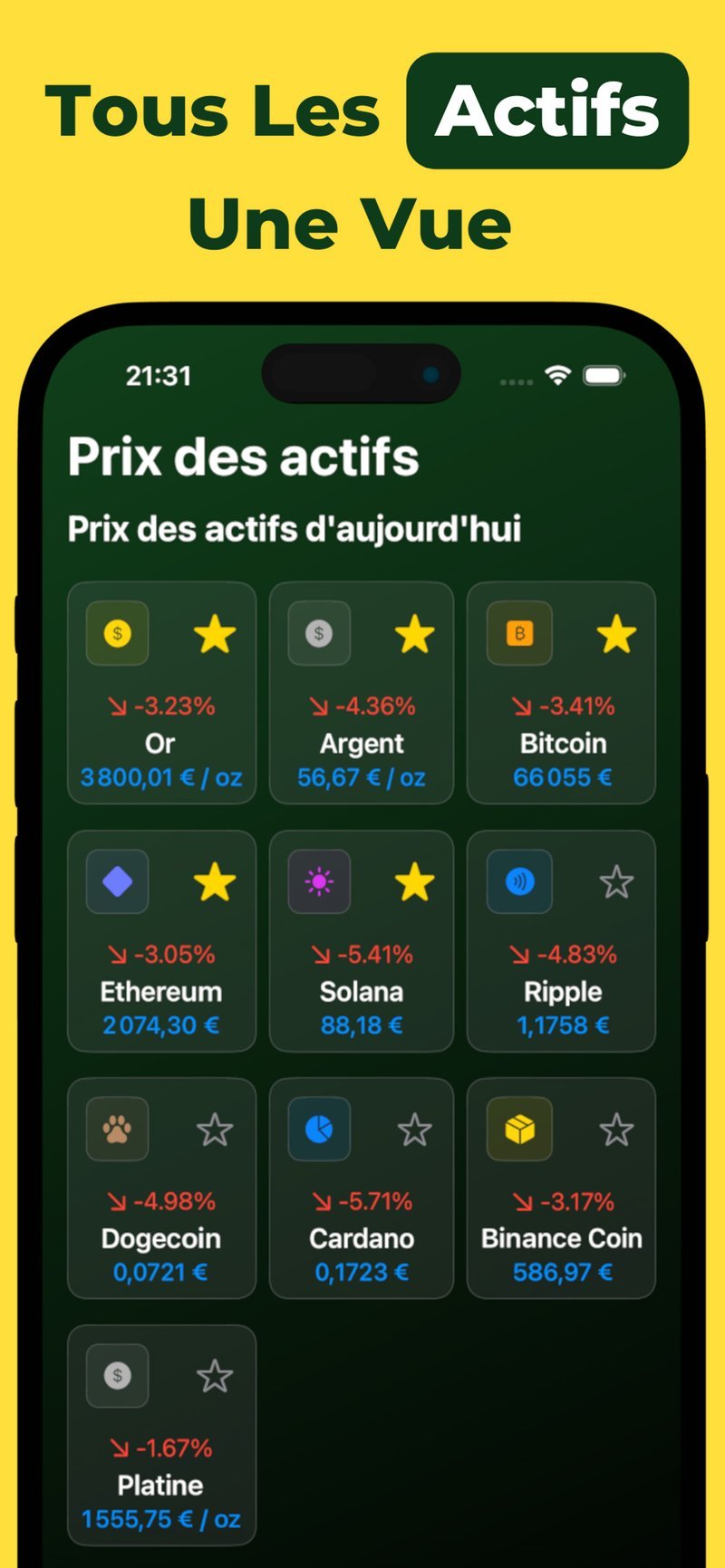 Prix en direct de l'or, de l'argent, du Bitcoin et plus