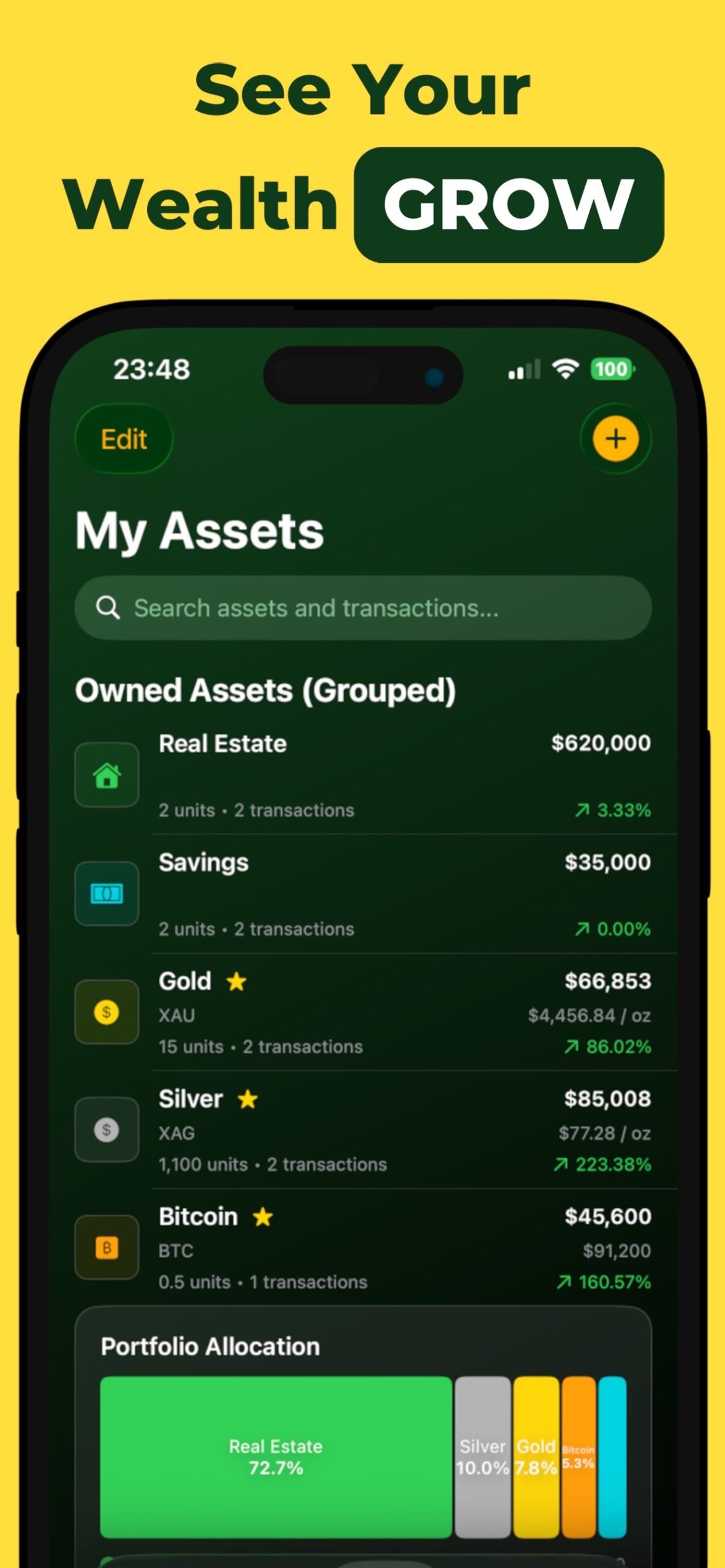 Grouped holdings valued at live prices with allocation
