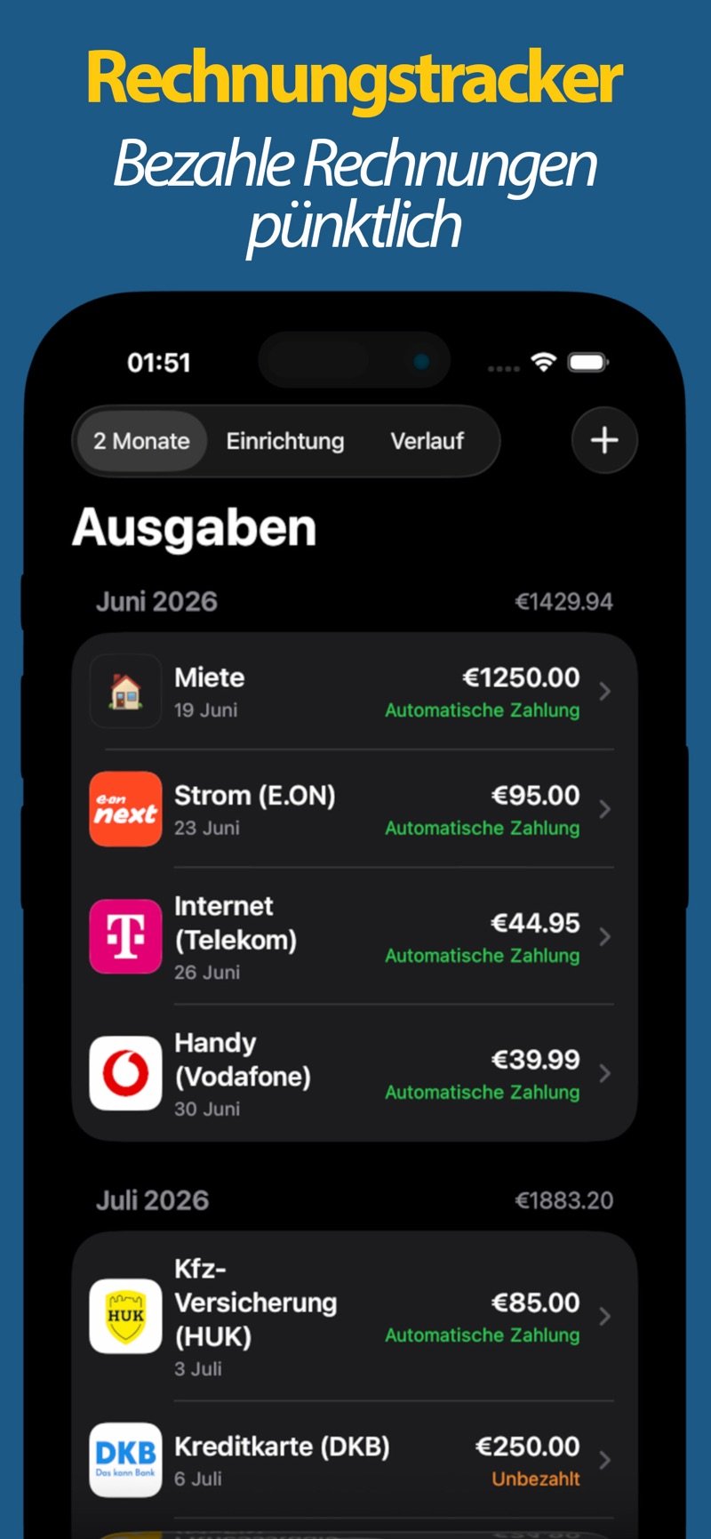 Rechnungen und Fixkosten nach Monat mit Status