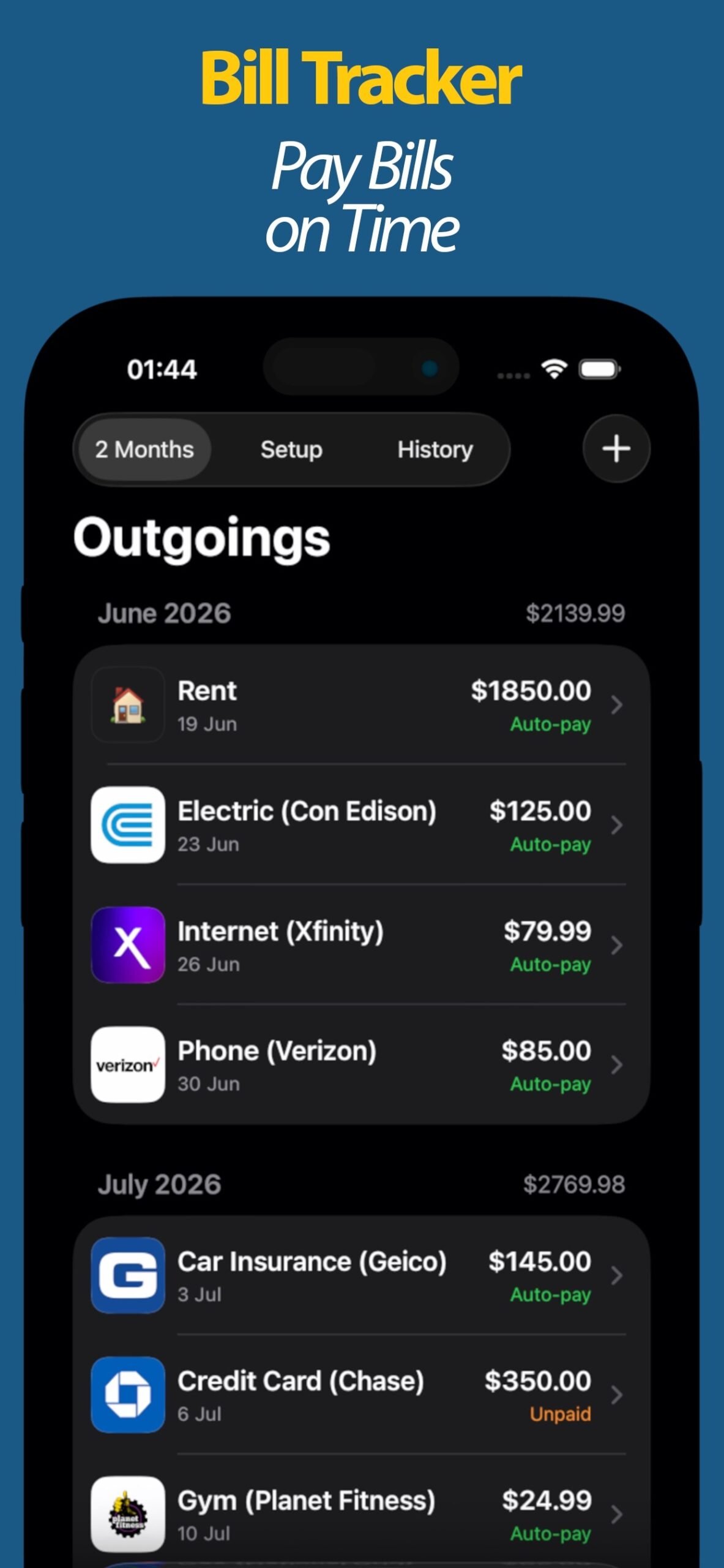 Bills and outgoings by month with auto-pay status