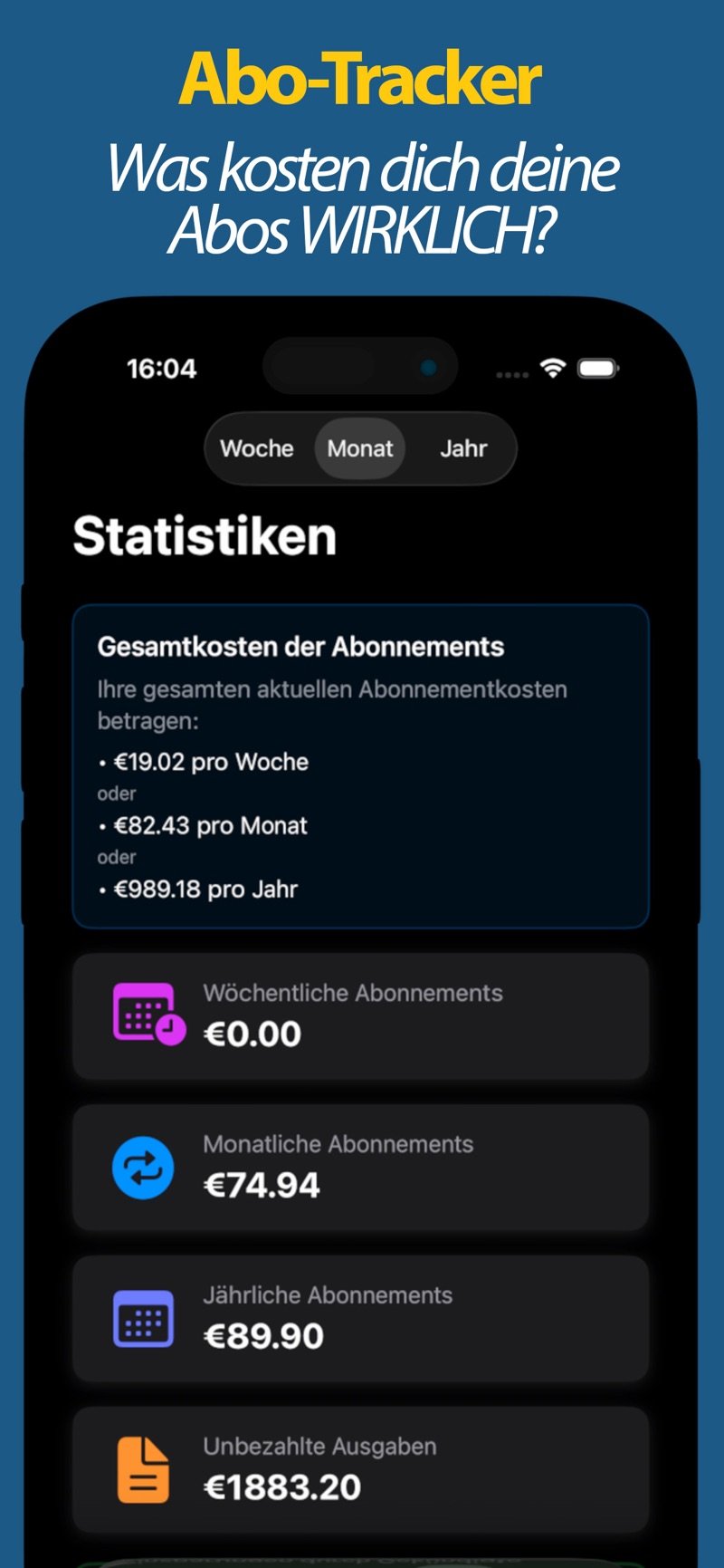 Auswertung der Gesamtkosten pro Woche, Monat und Jahr