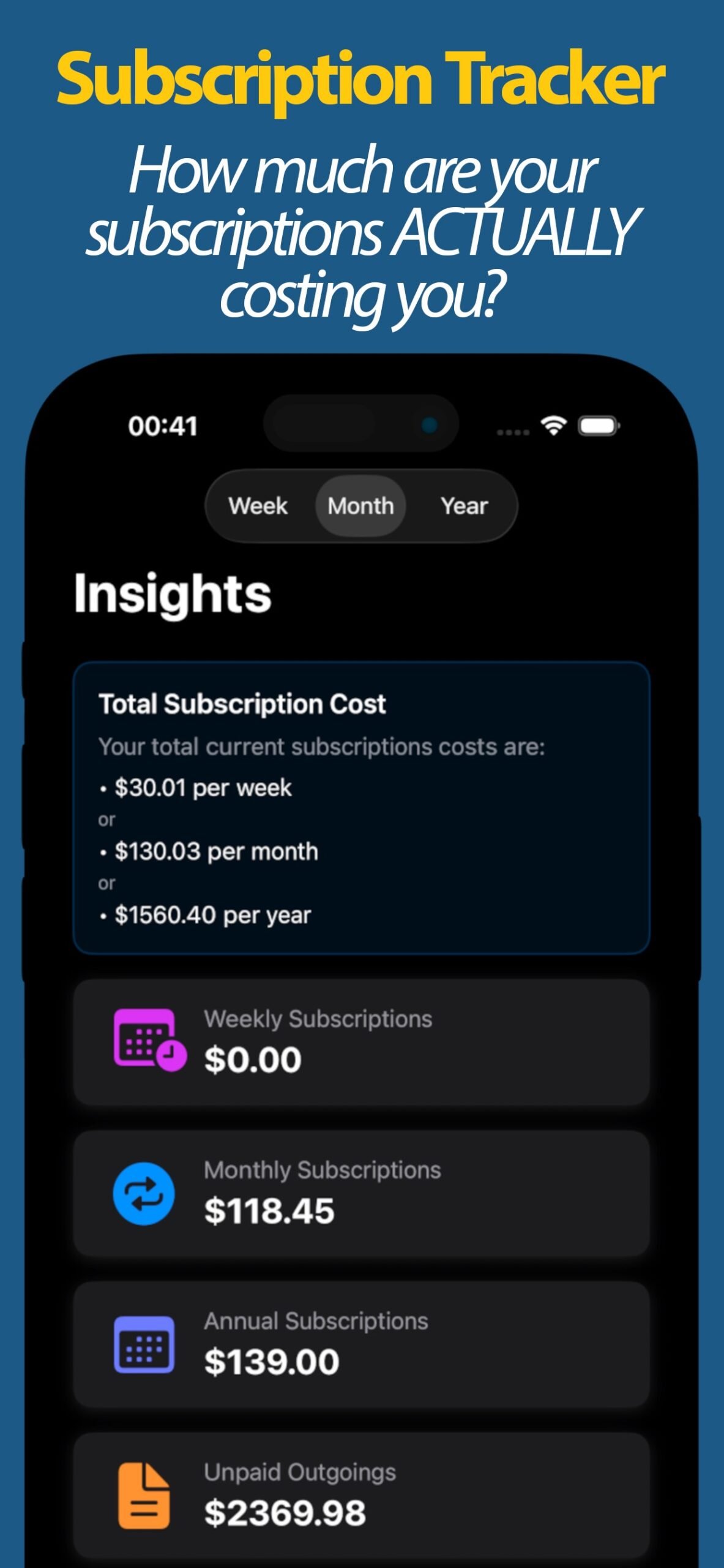 Insights showing total subscription cost per week month and year