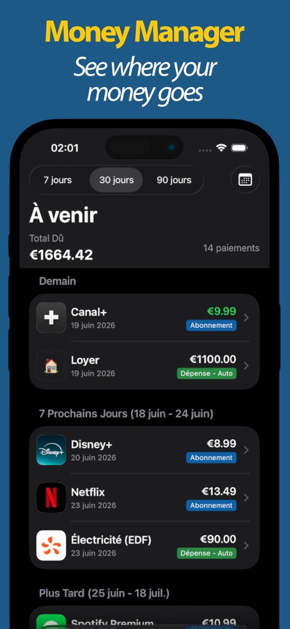 À venir : abonnements et factures dus, avec le total