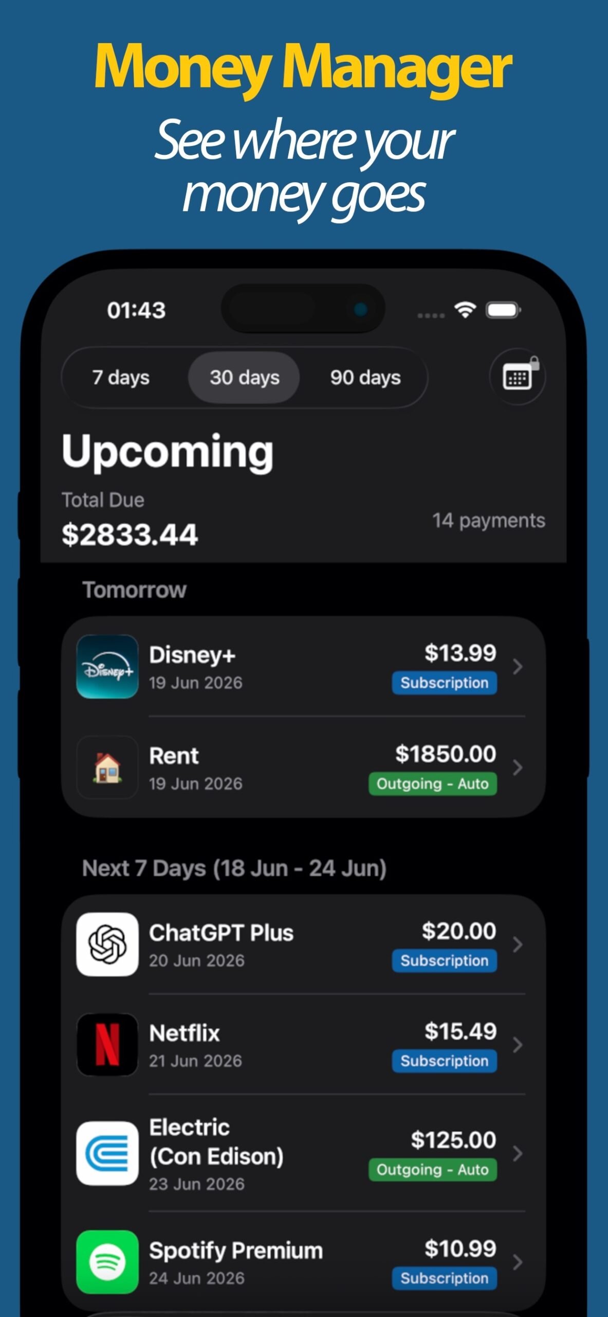 Upcoming subscriptions and bills due with total