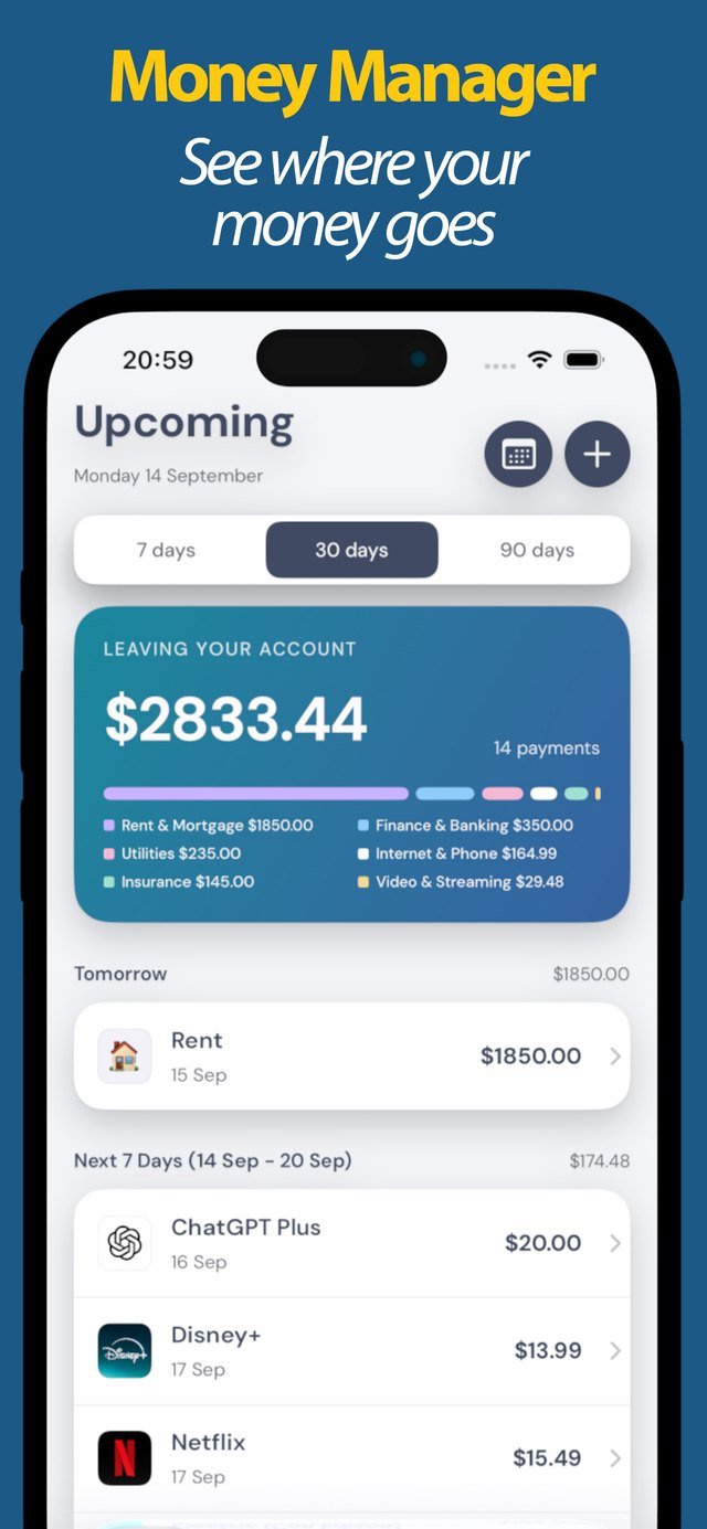 Upcoming subscriptions and bills due with total