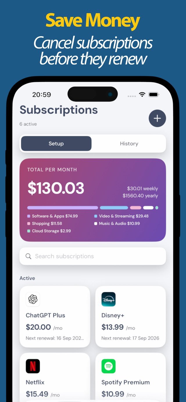 Active subscriptions with next renewal dates