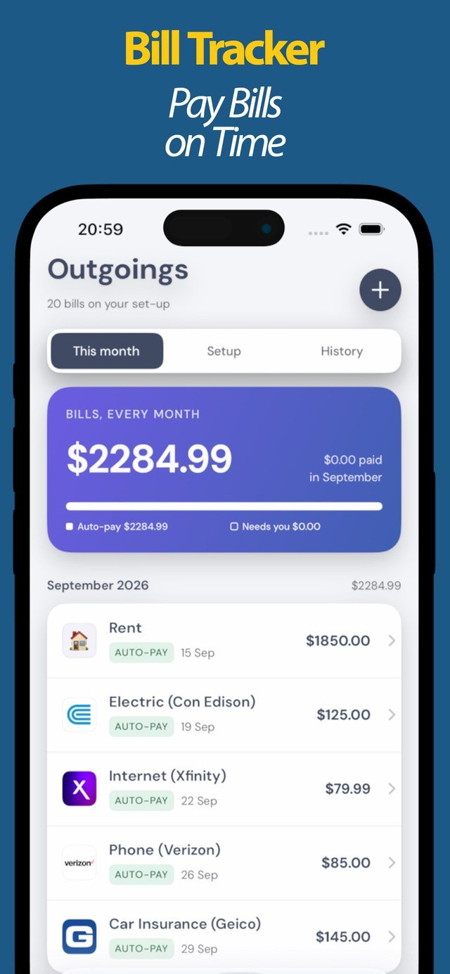 Bills and outgoings by month with auto-pay status