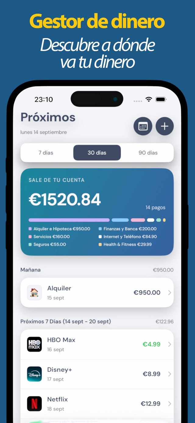 Próximas suscripciones y facturas con el total pendiente