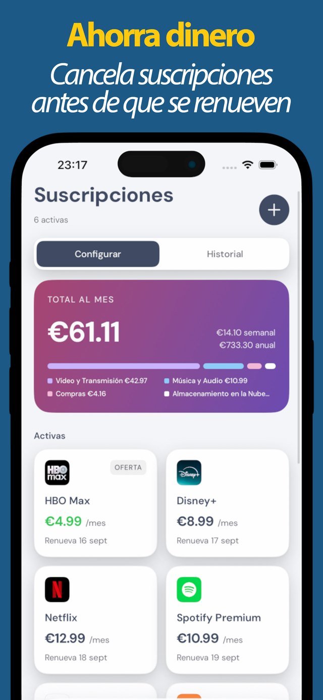 Suscripciones activas con sus próximas fechas de renovación
