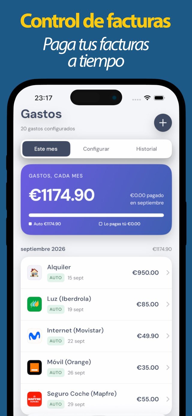 Facturas y gastos fijos por mes con el estado de domiciliación