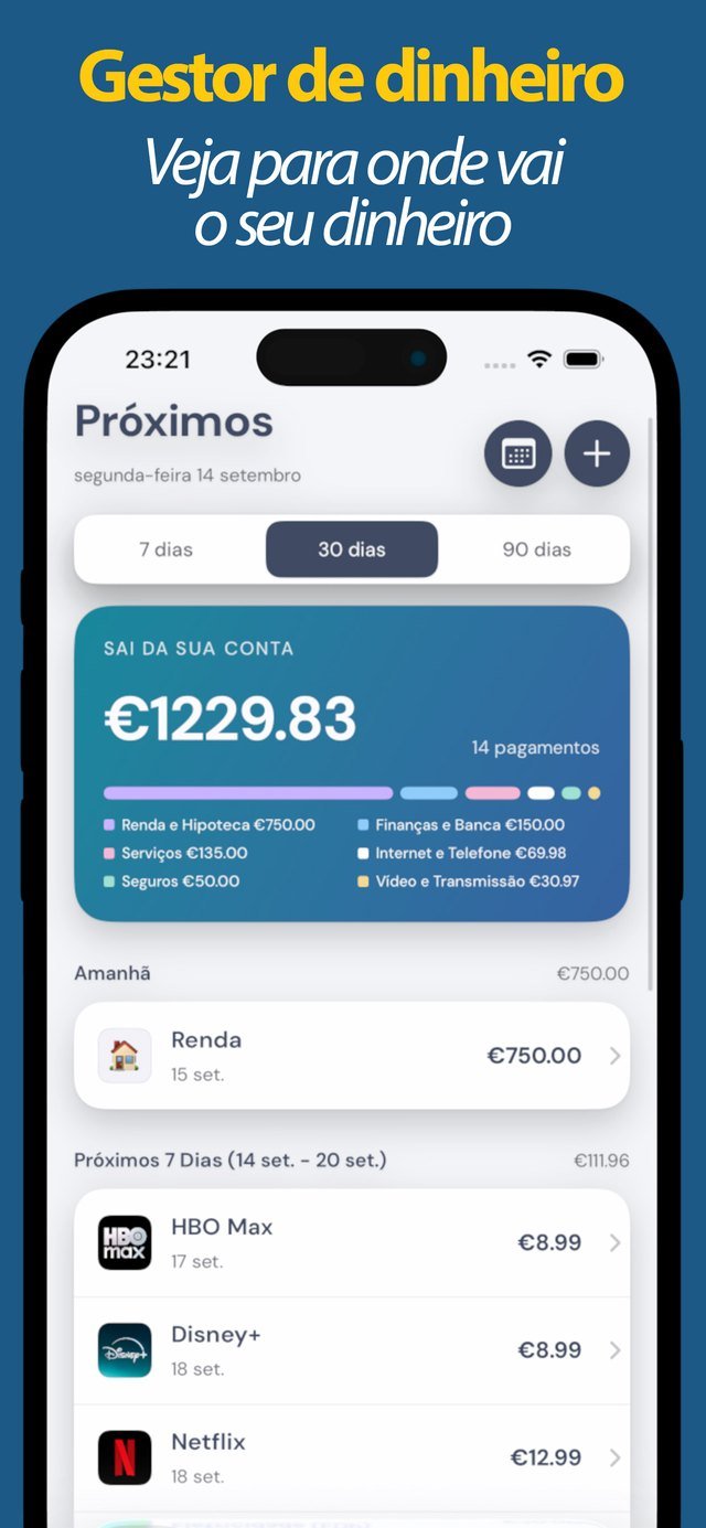 Subscrições e contas a pagar em breve com total