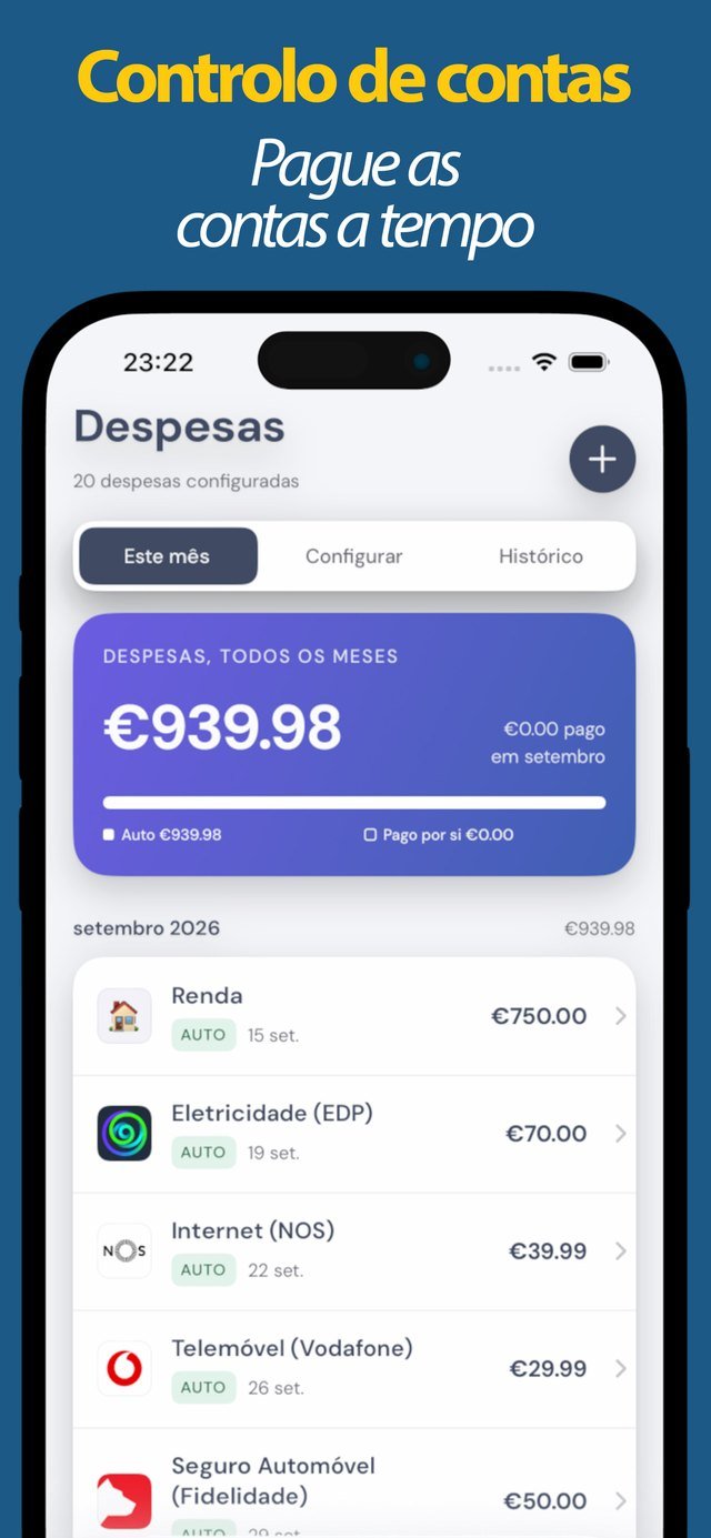 Contas fixas por mês com estado de pagamento